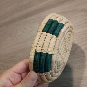 Handwoven Natural Basket with Green Accents